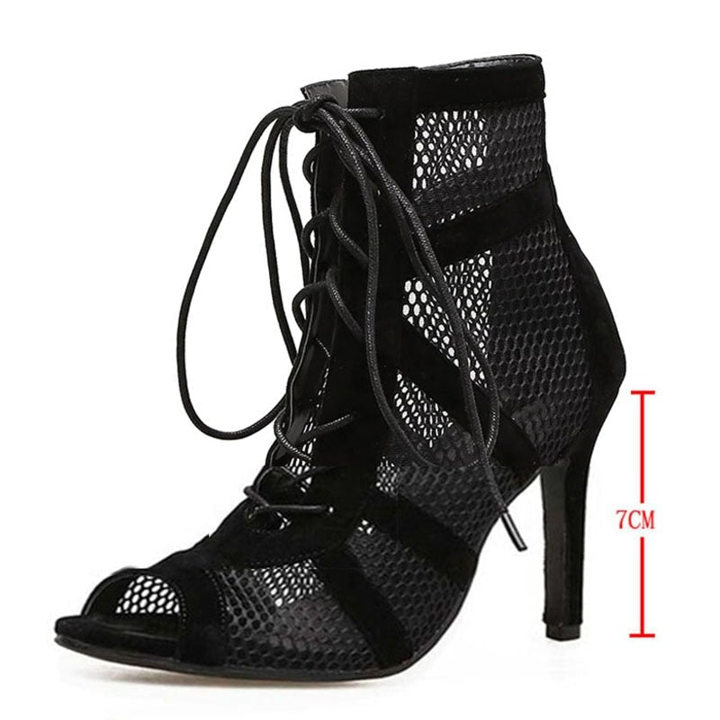 Elegant High Heel Sandals with Lace & Mesh