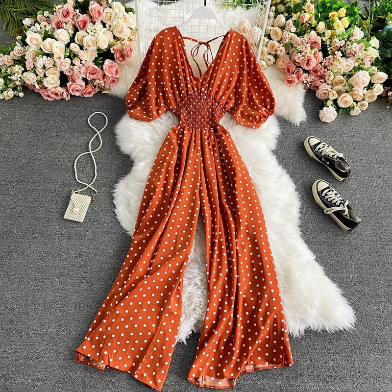 Vibrant Polka Dot Short-Sleeve Jumpsuit