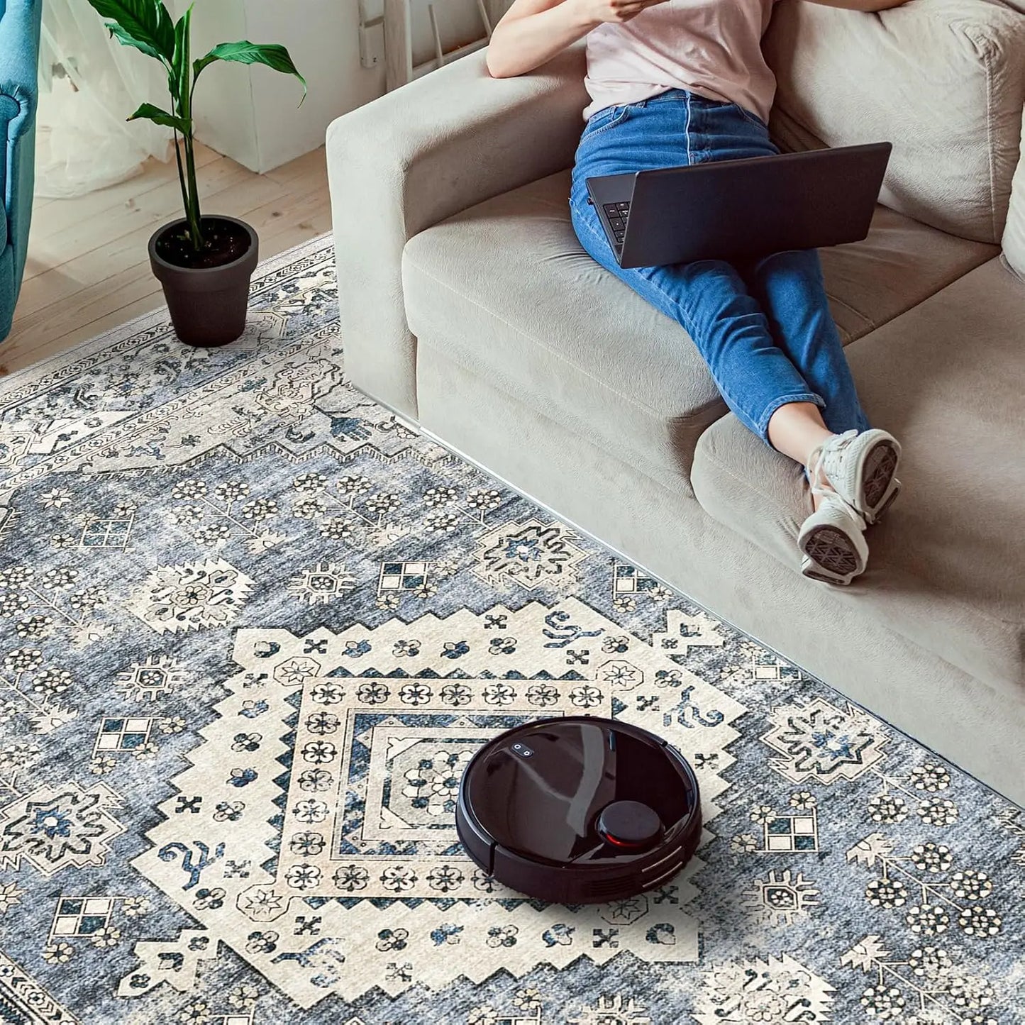 Distressed Washable Large Area Boho Rug