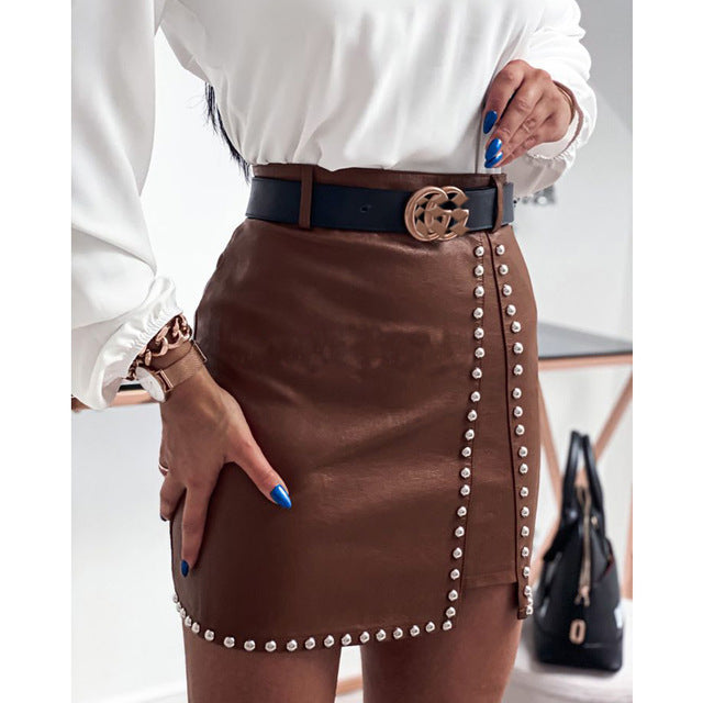 Stylish Studded PU Leather Skirt for Women