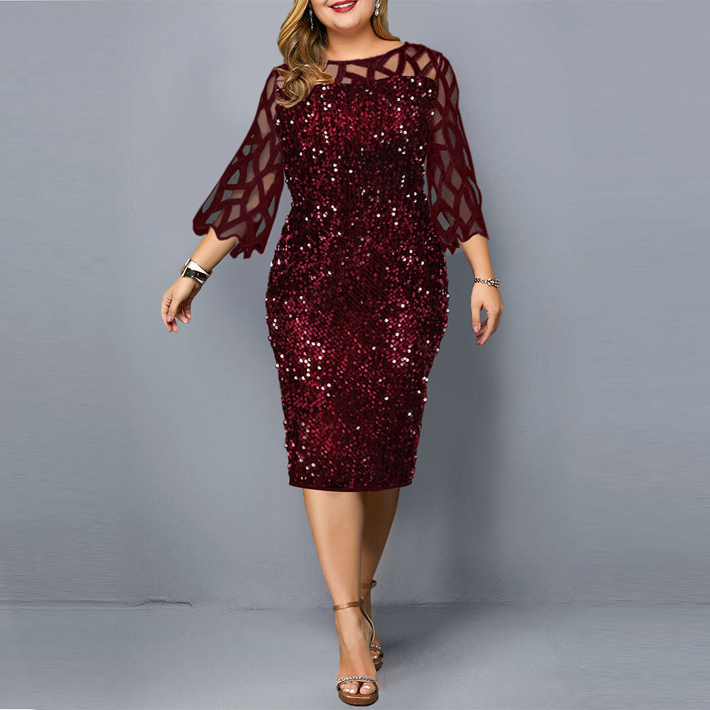 Elegant Women's Dress with Lotus Leaf Sleeves & Sequins