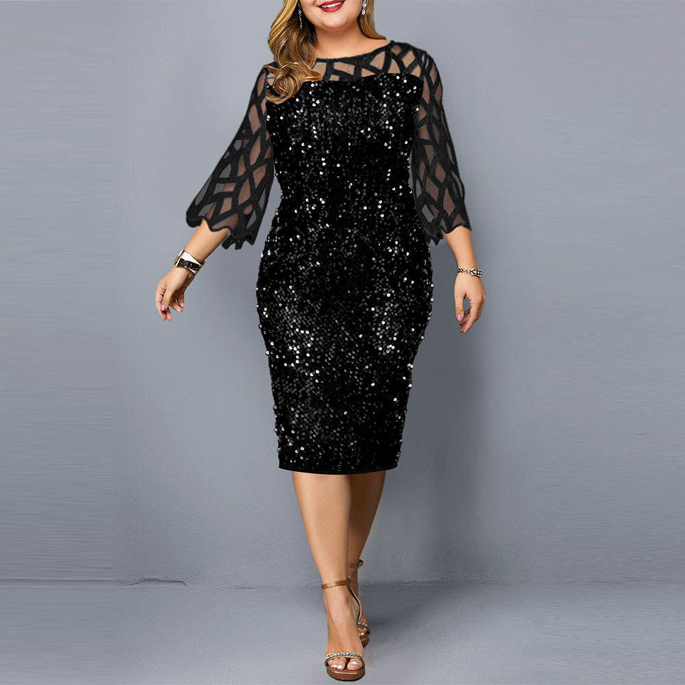 Elegant Women's Dress with Lotus Leaf Sleeves & Sequins
