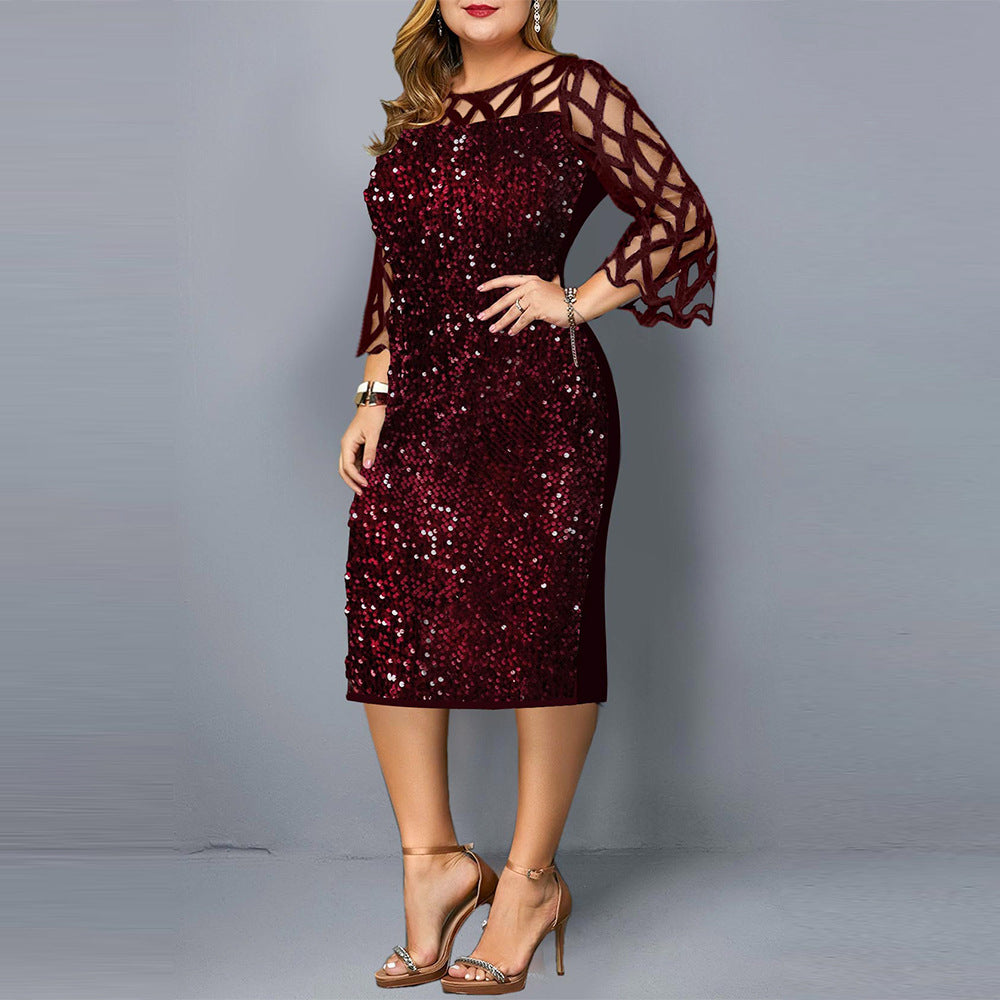 Elegant Women's Dress with Lotus Leaf Sleeves & Sequins