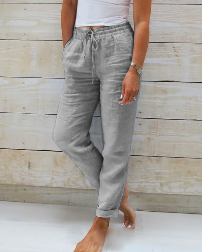 Elegant Cotton-Linen Pants with Elastic Waist