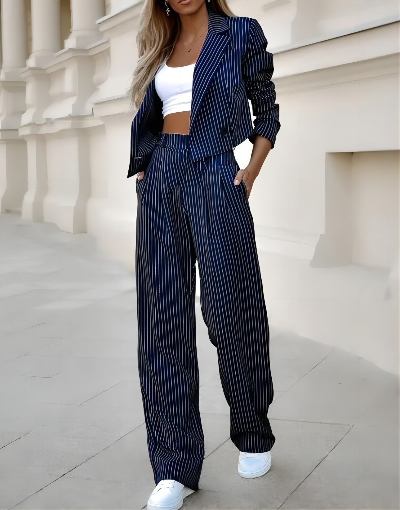 Elegant Striped Blazer & Wide Pants Set