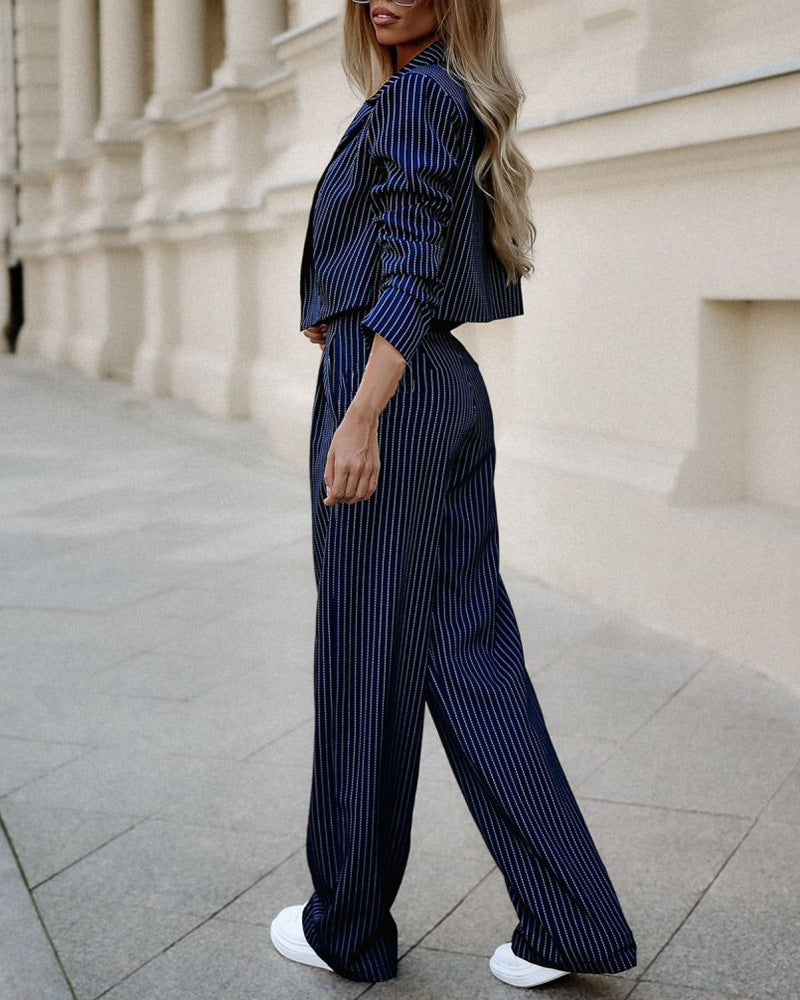 Elegant Striped Blazer & Wide Pants Set