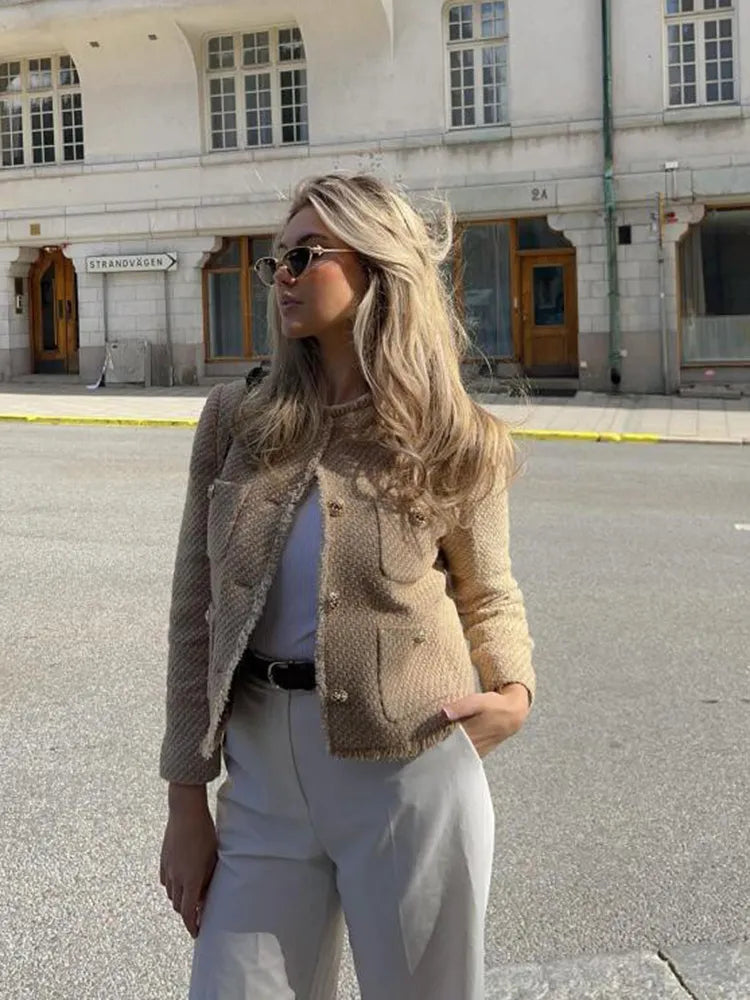 Elegant Two-Piece Tweed Jacket with Pockets