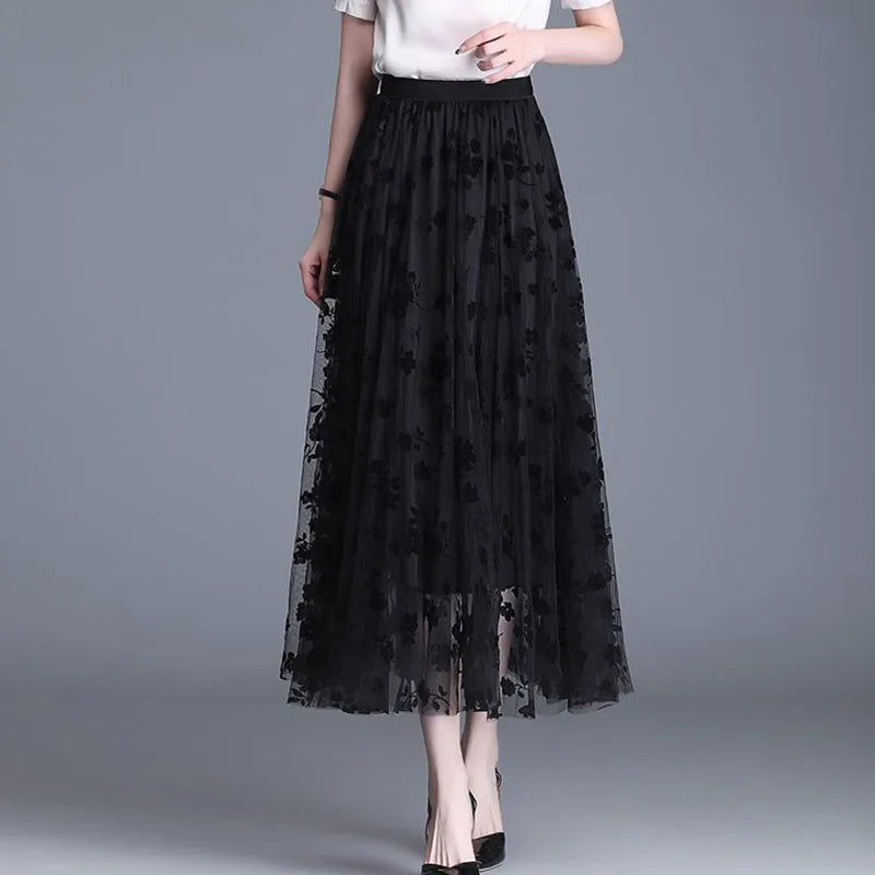 Elegant Airy Mesh Midi Skirt