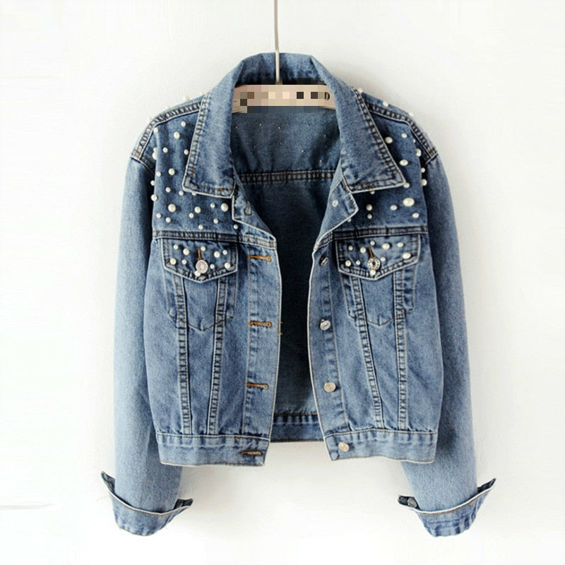 Elegant Pearl-Embellished Denim Jacket