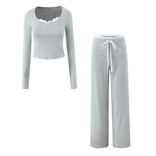 Lace-Trimmed Gray Knit Top & Pants Set