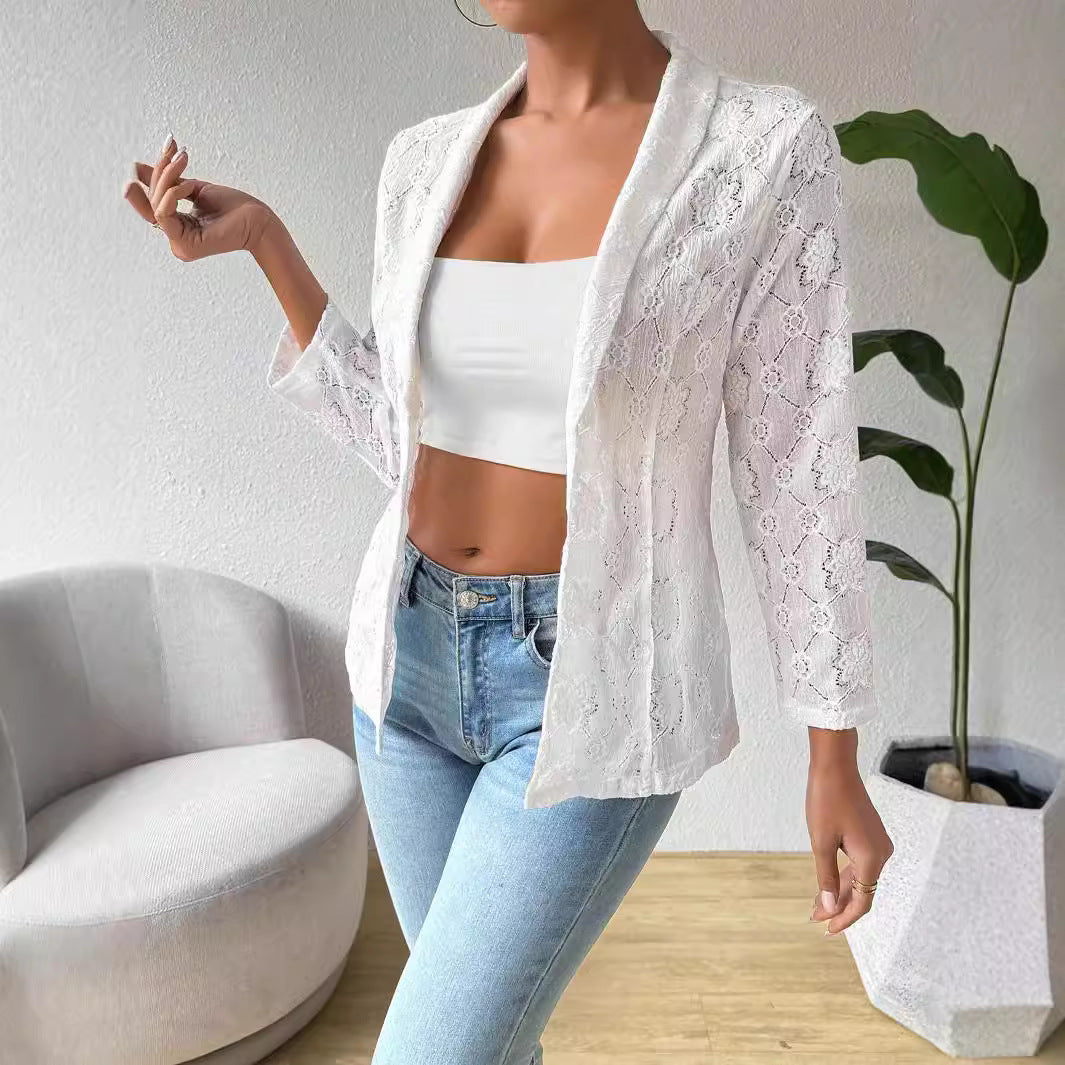 Elegant White Lace 9-Point Sleeve Blazer
