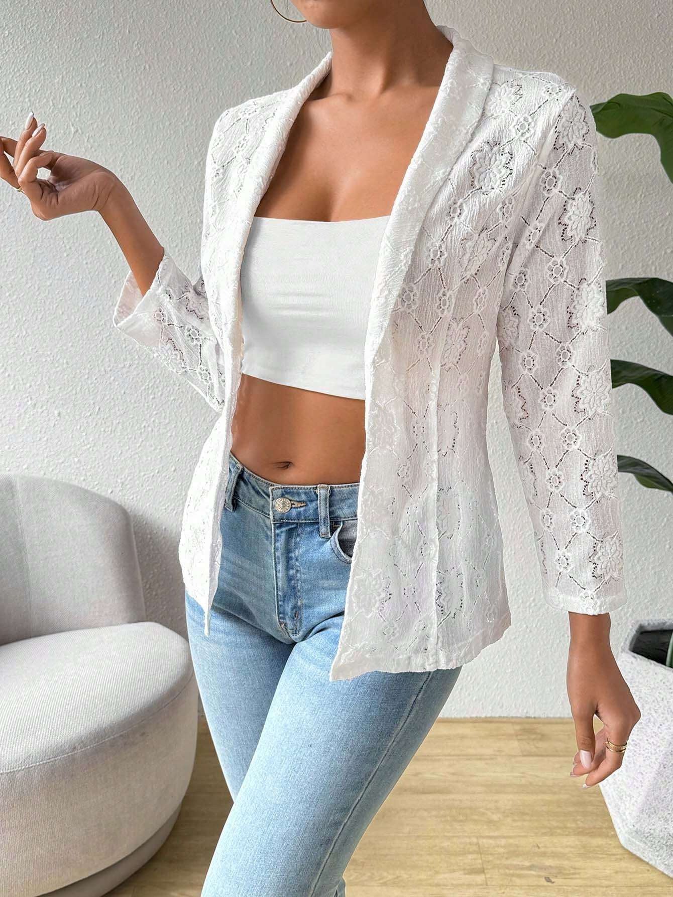 Elegant White Lace 9-Point Sleeve Blazer