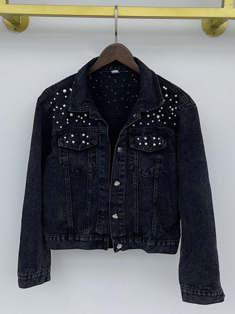 Elegant Pearl-Embellished Denim Jacket