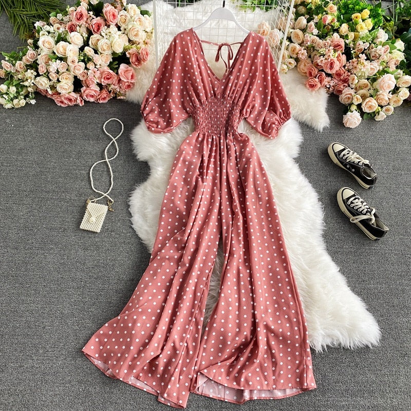 Vibrant Polka Dot Short-Sleeve Jumpsuit