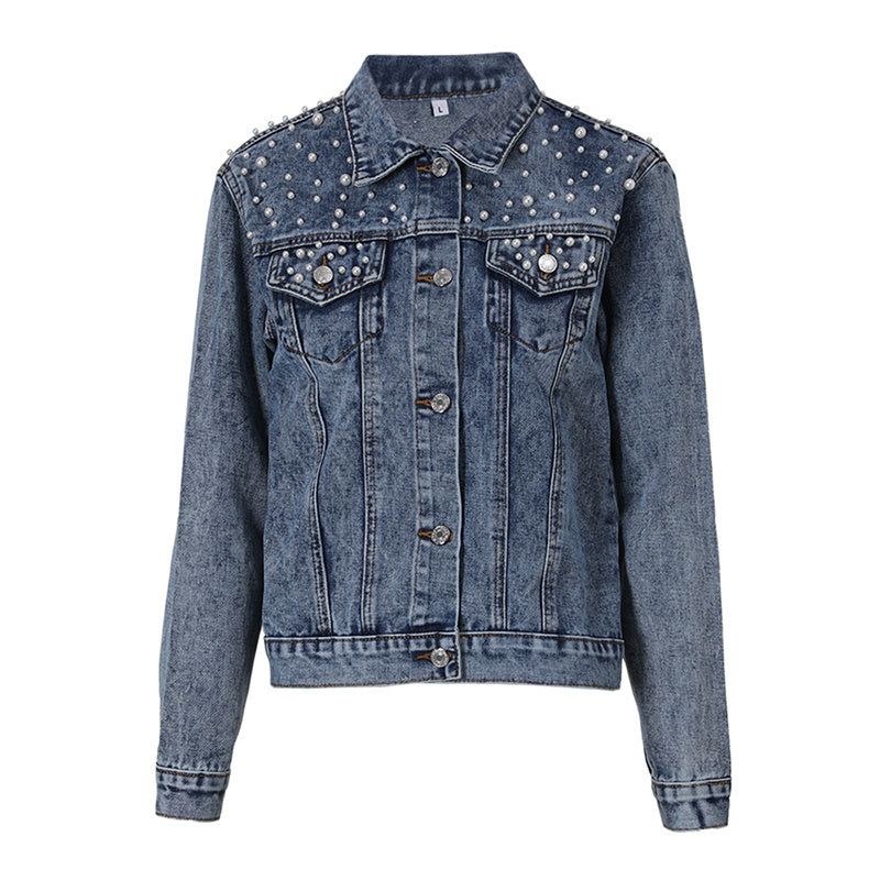 Elegant Pearl-Embellished Denim Jacket