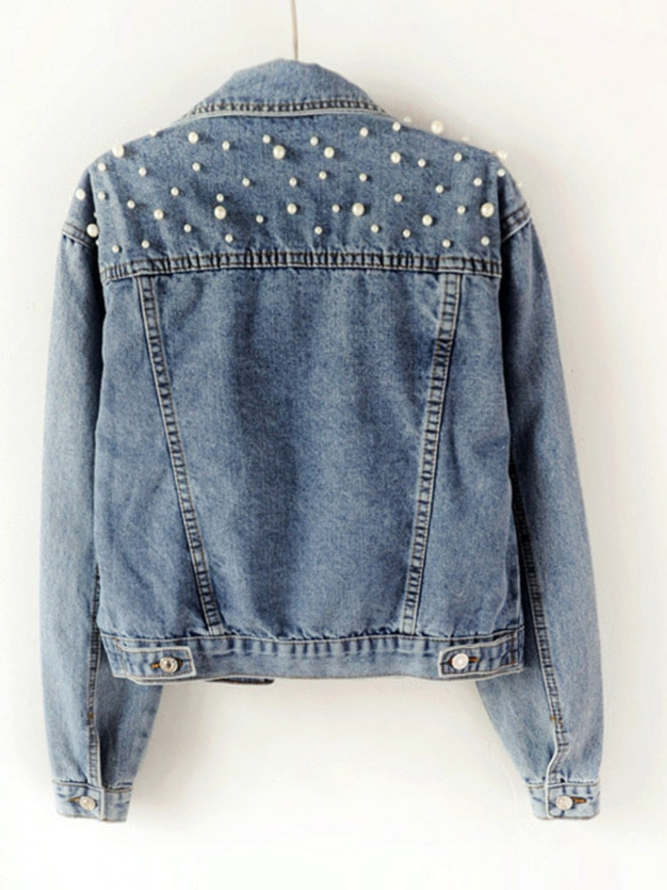 Elegant Pearl-Embellished Denim Jacket