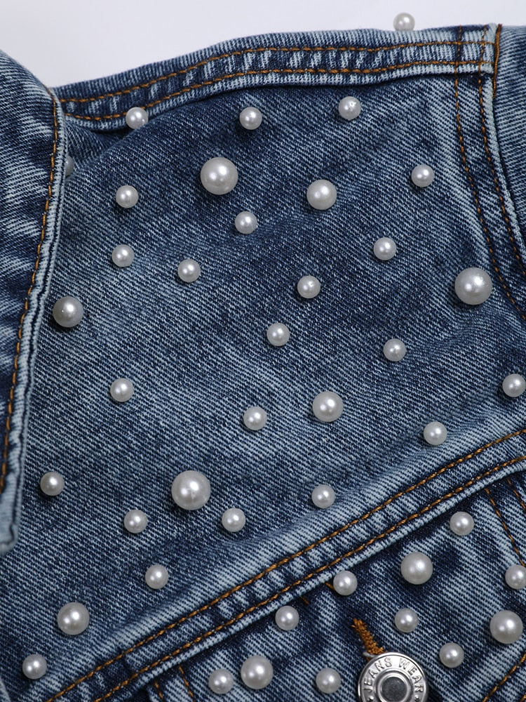 Elegant Pearl-Embellished Denim Jacket