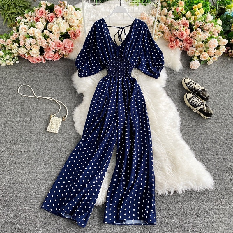 Vibrant Polka Dot Short-Sleeve Jumpsuit