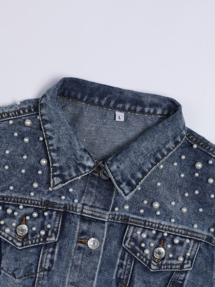Elegant Pearl-Embellished Denim Jacket
