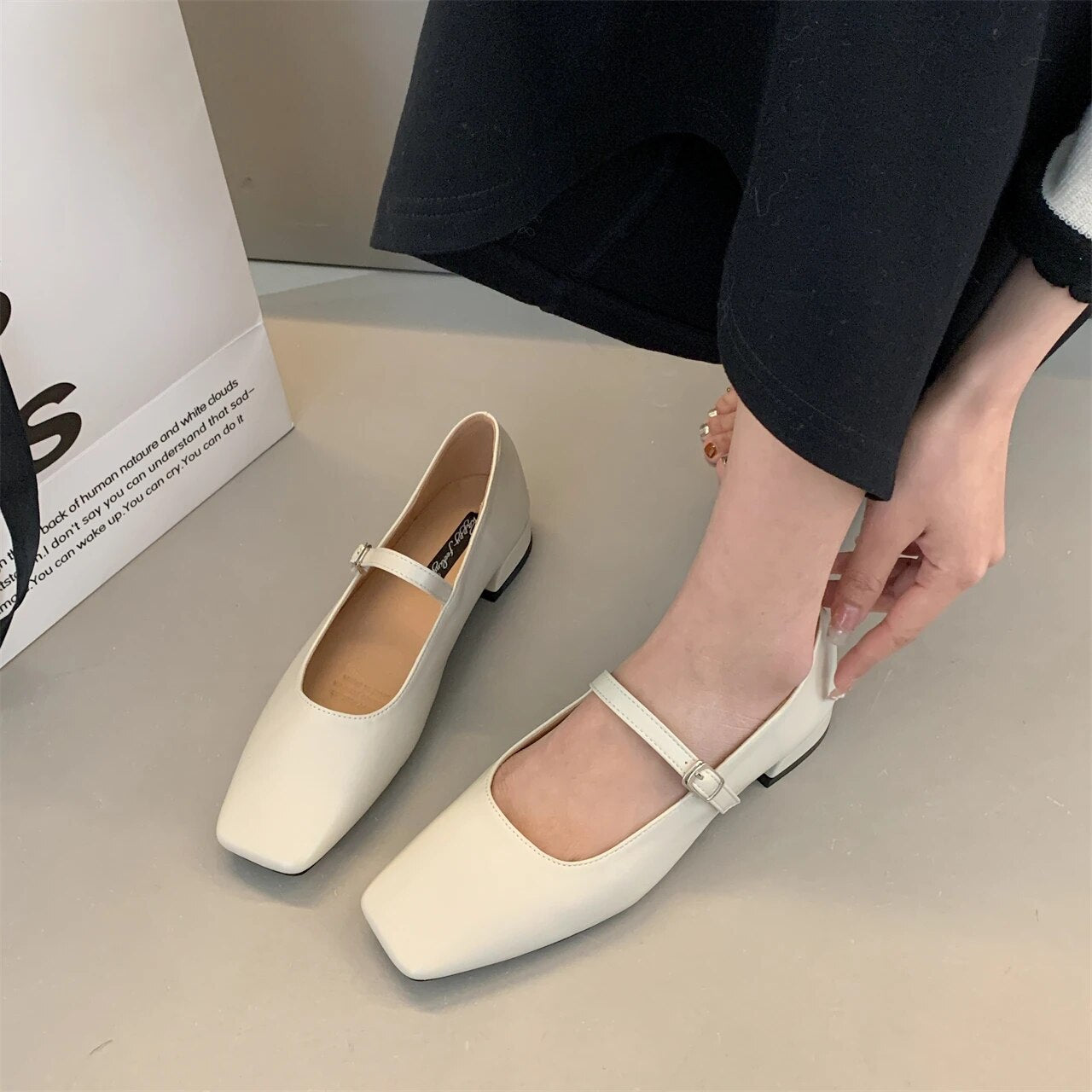 Stylish Square Toe Ballet Shoes with Buckle