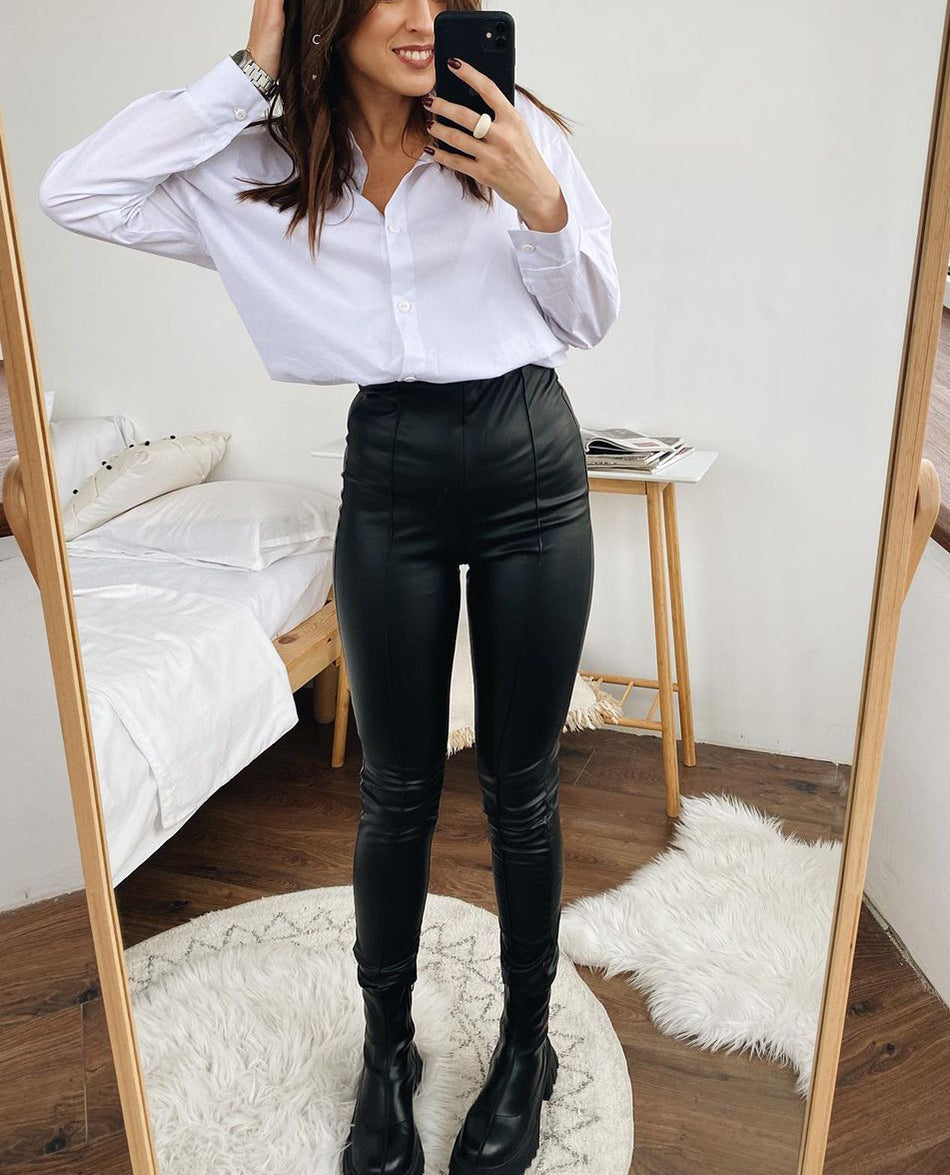 Luxurious Fleece-Lined Leather Stretch Leggings