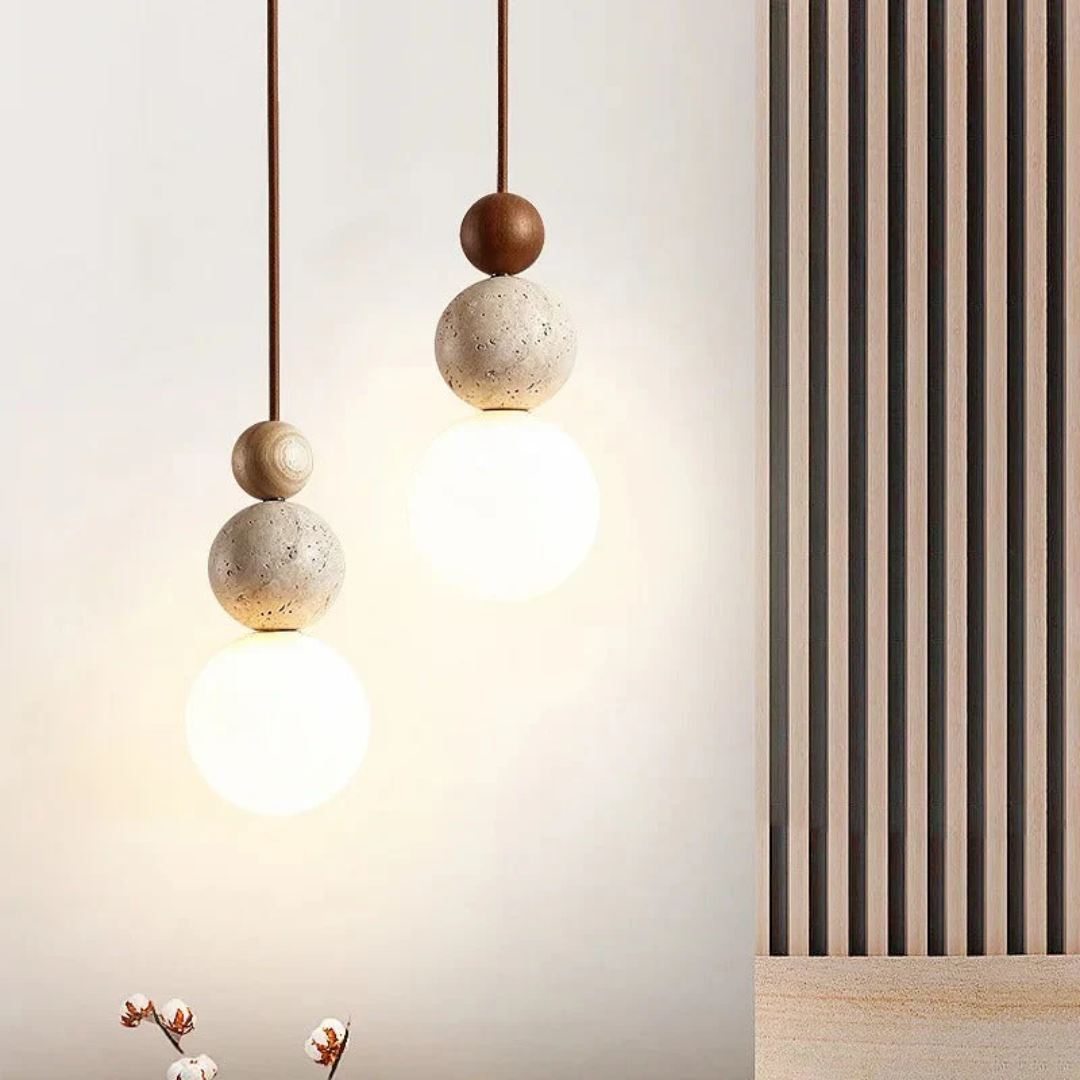 LUMINAIRE NATUREL – Modern Pendant Lamp in Travertine and Mahogany