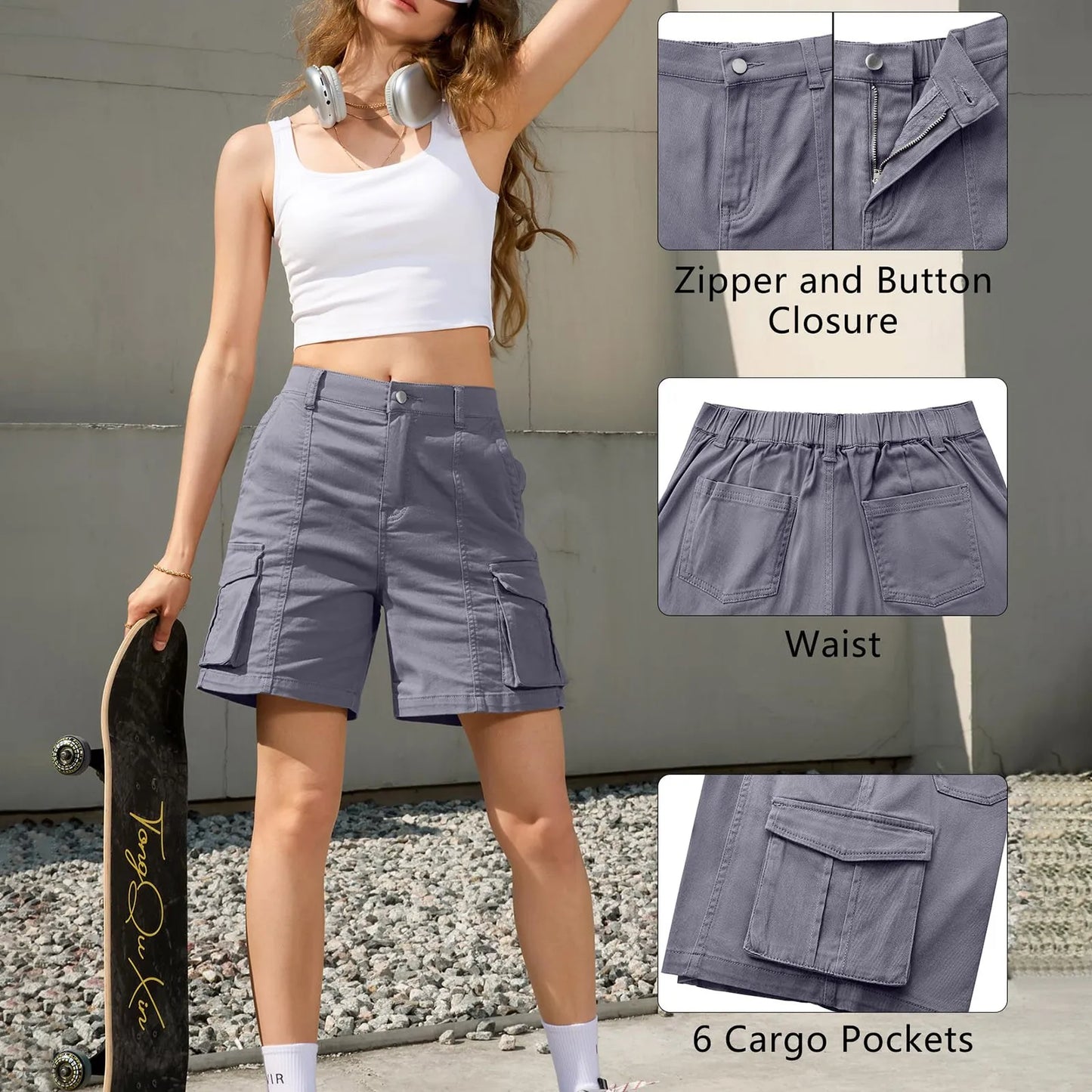 Women's Vintage Cargo Shorts with Elastic Waist & 6 Pockets
