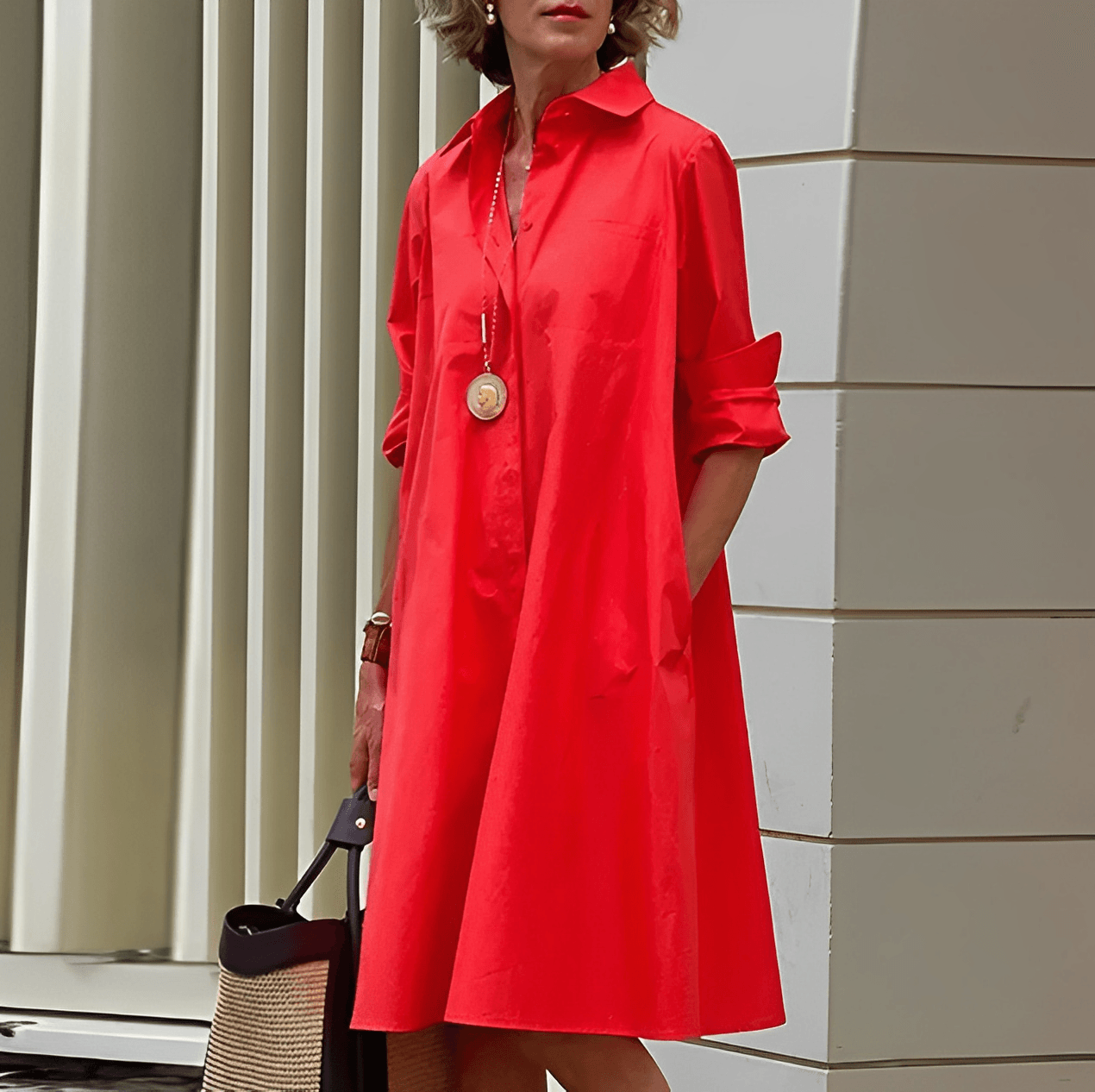 Elegant Shirt Dress with Three-Quarter Sleeves