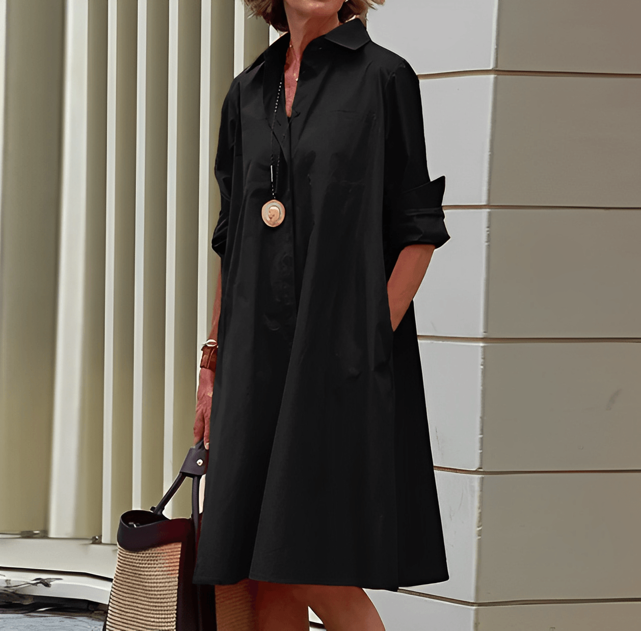 Elegant Shirt Dress with Three-Quarter Sleeves
