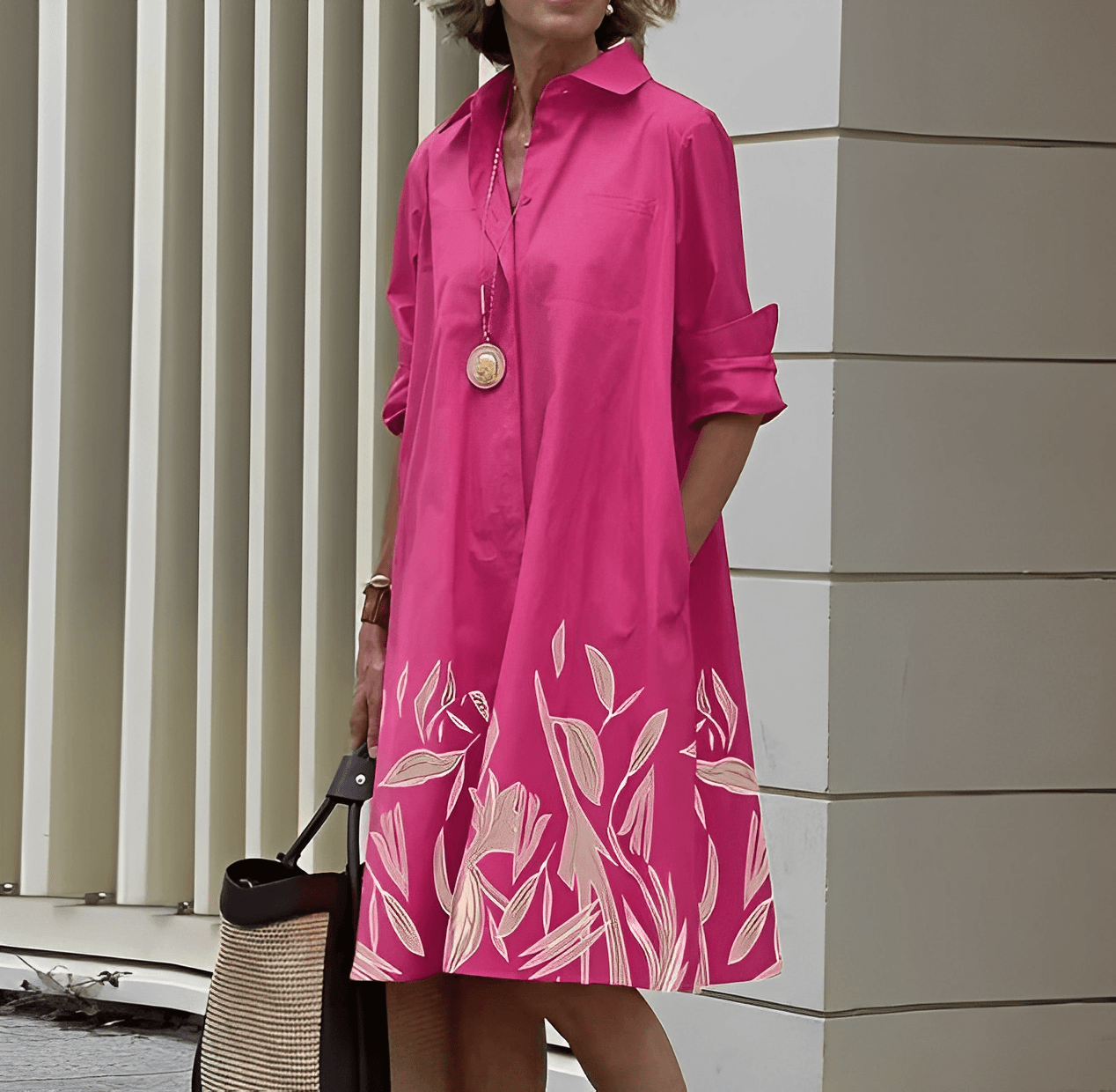Elegant Shirt Dress with Three-Quarter Sleeves