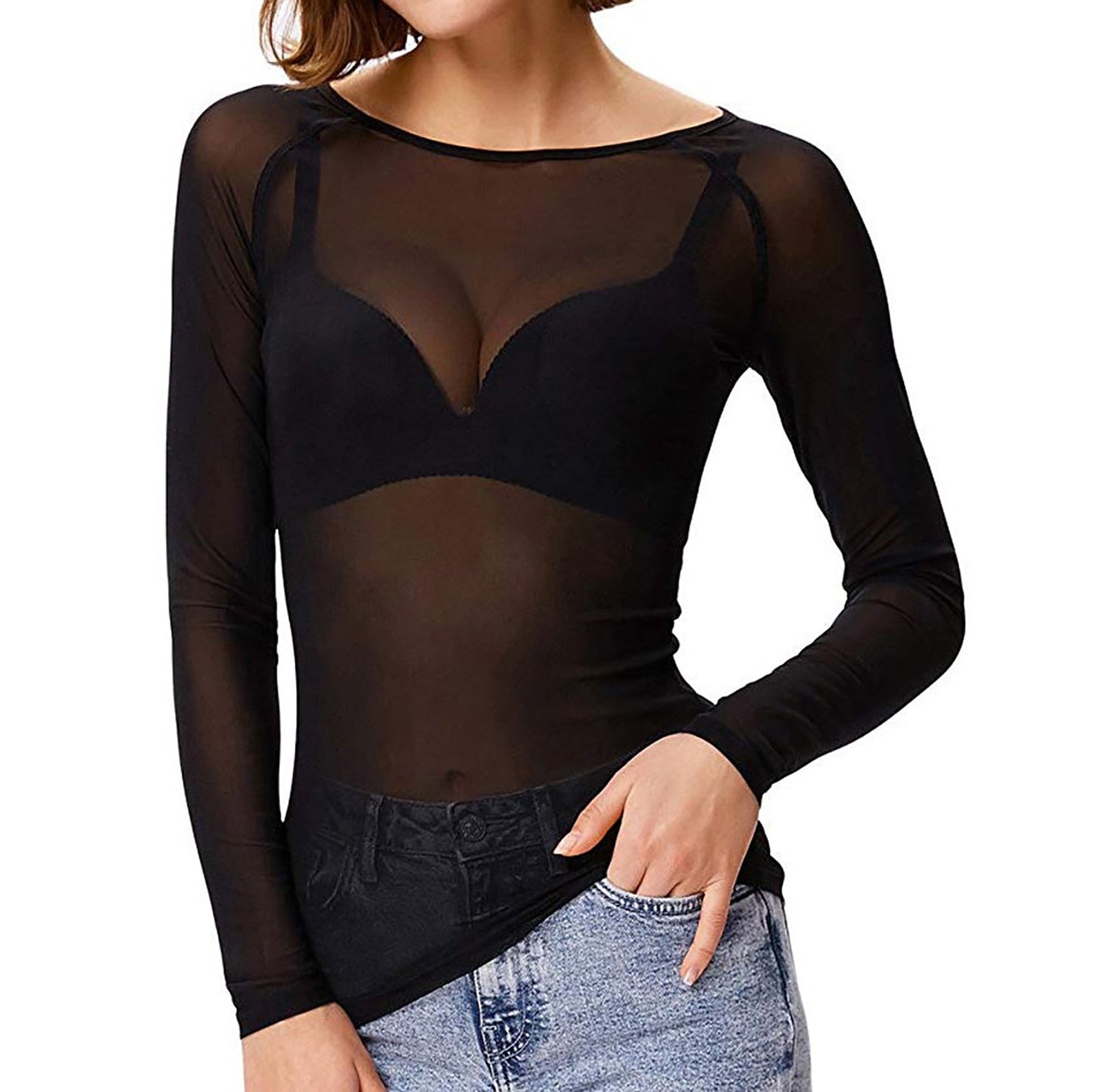 Chic Black Long-Sleeved Mesh Top